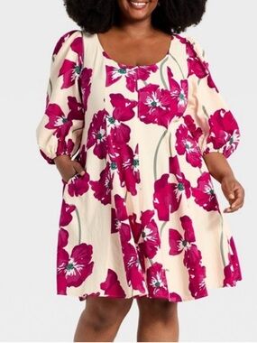 Ava & Viv Dress Bishop Seamed Midi A-Line Cream Berry Floral Size XXL NWT